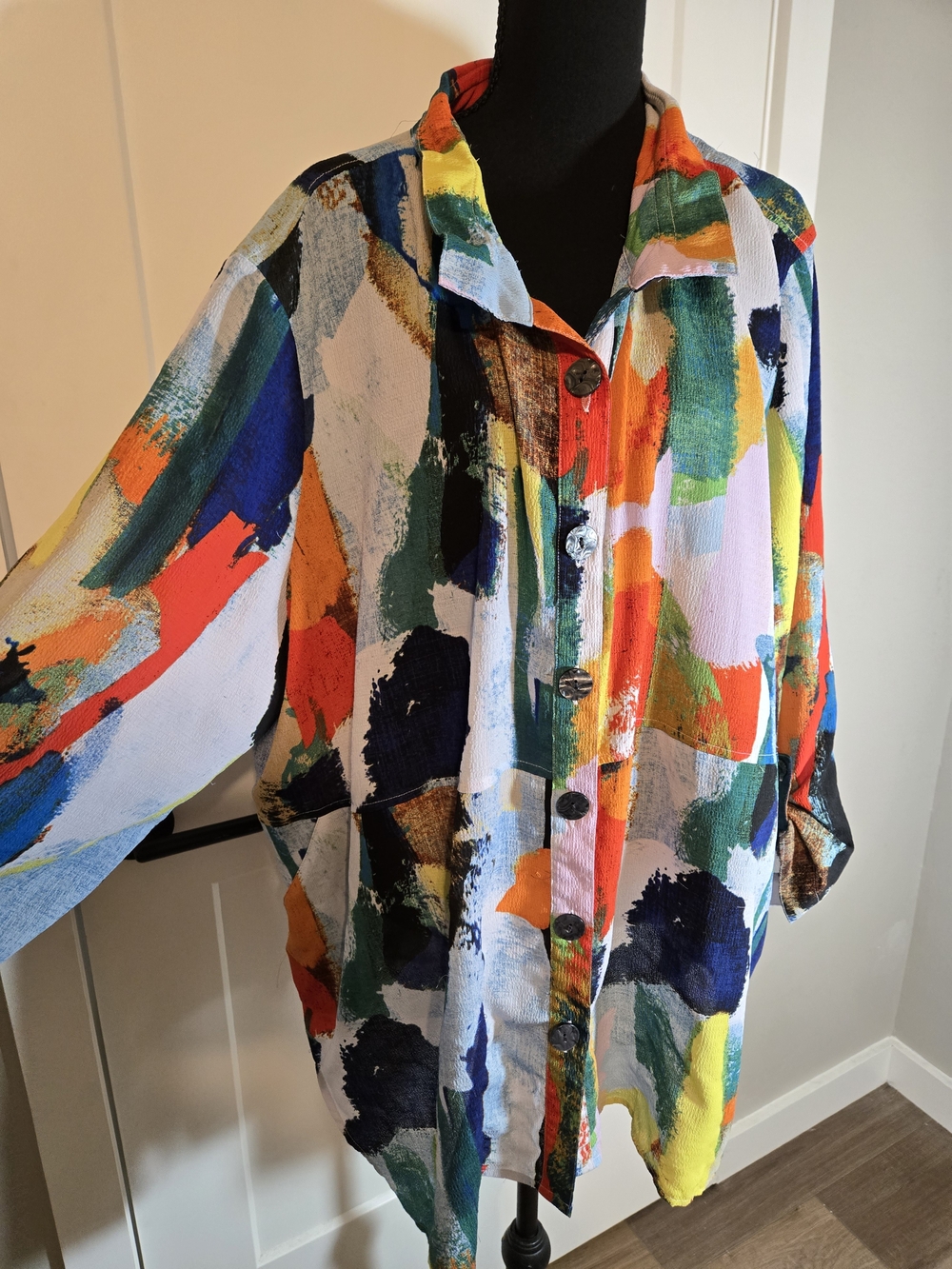 Ali Miles Abstract Multi Color Brushstroke Button Down Blouse Size 3X